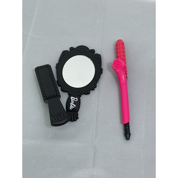 Barbie Dollhouse Black Hand Mirror & Brush Set With Pink Hair Curling Iron Matte - Picture 1 of 2